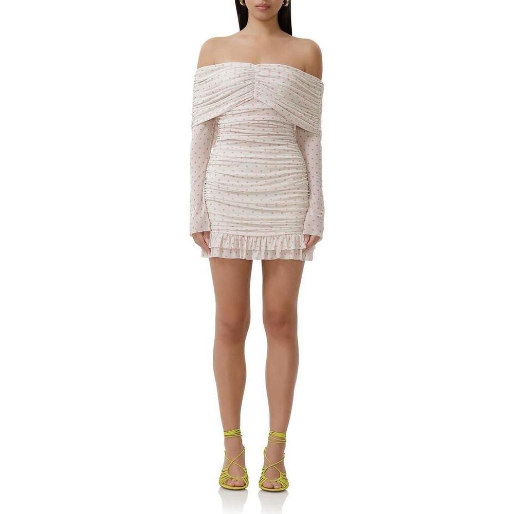 New AFRM Fay Off the Shoulder Long Sleeve Mesh Mini dress in Cream Pink Size XL